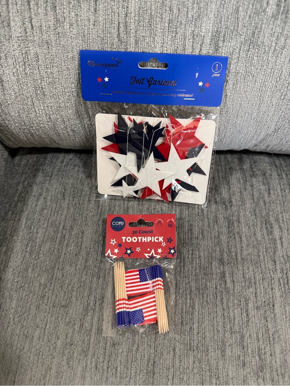 Unwrapped Felt Star Garland & Core Flag Toothpicks - Red, White & Blue Party Set
